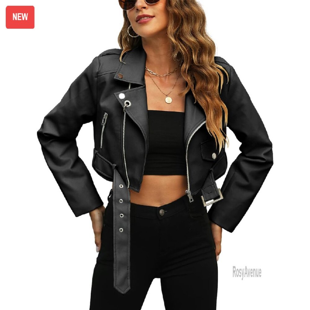 Cropped Faux Leather Jacket Bomber Zip Up Moto Style With Pockets